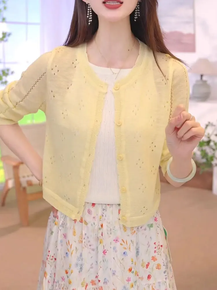 

Ele European Sle Women's Long Sve Open Cardigan Breathable Hollow out Single Button Design Summer Airy Top