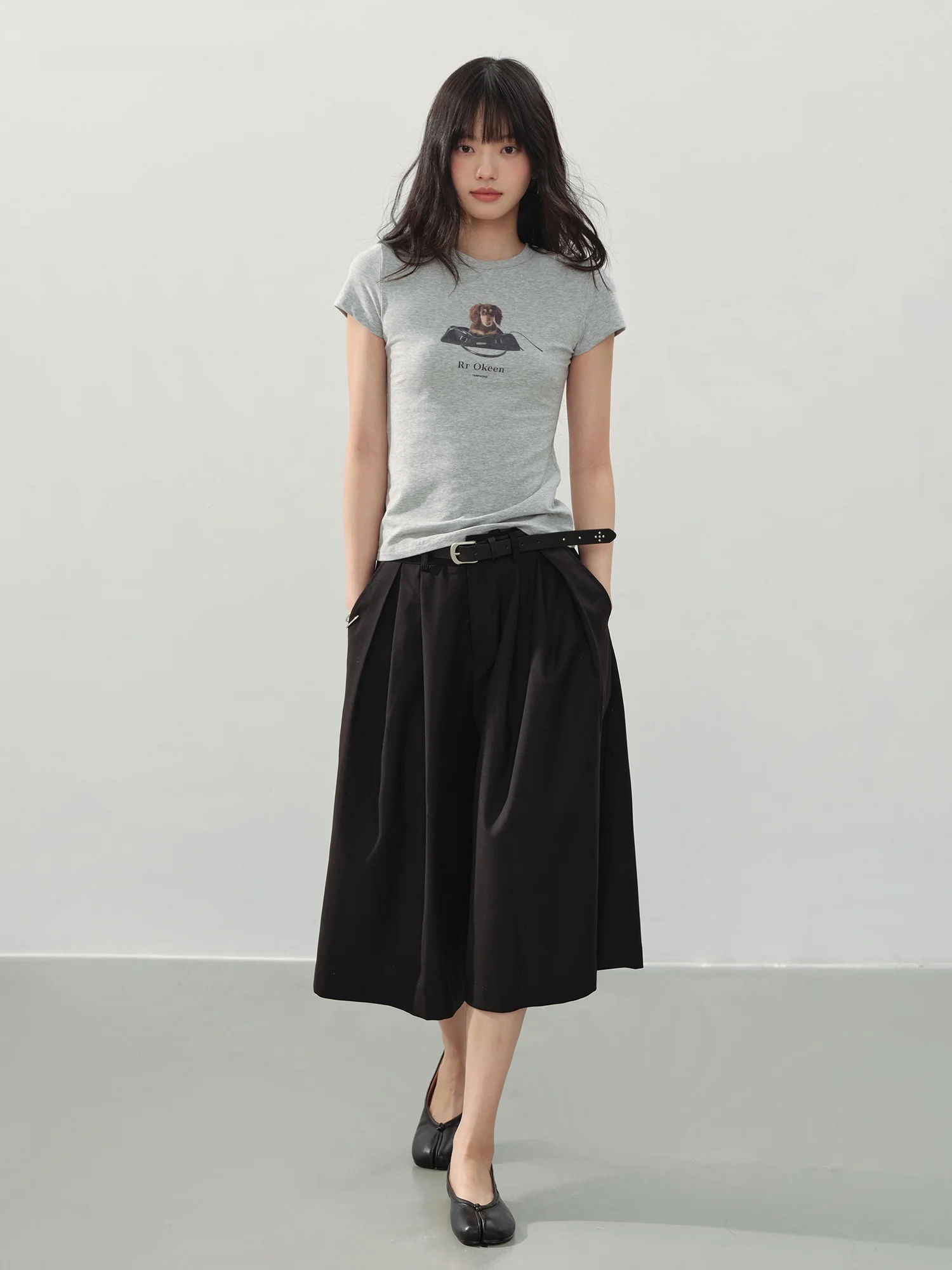 Ddgirl Afternoon Leisure Black Draped Minimalist Style High Waist Wide Leg Seven-Foot Skirt Pants for Young Girls Casual Wear