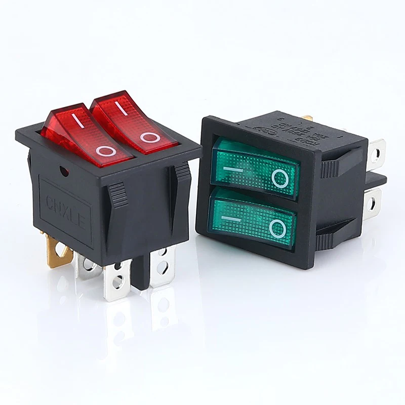 5/20PCS KCD3 Double Boat Rocker Switch Toggle 6 Pin On-Off With Green Red Light 20A 125VAC 16A 250V Power Dual Push Button KCD6