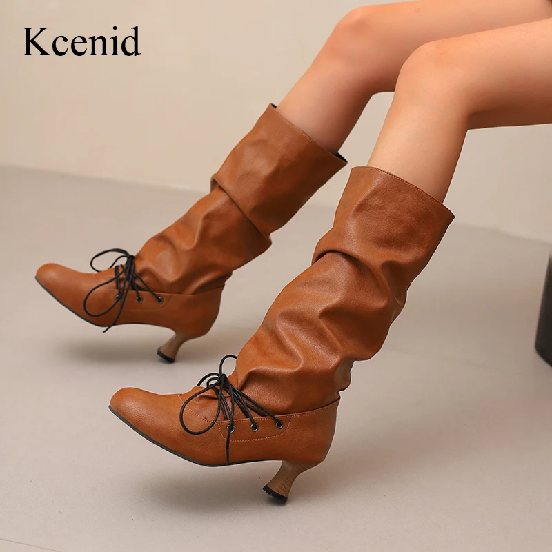 

Kcenid Women`s Winter Pleated Knee High Boots Cross Tied Lace Up Round Toe Party Shoes High Heels Long Boots Plus Size 34-50