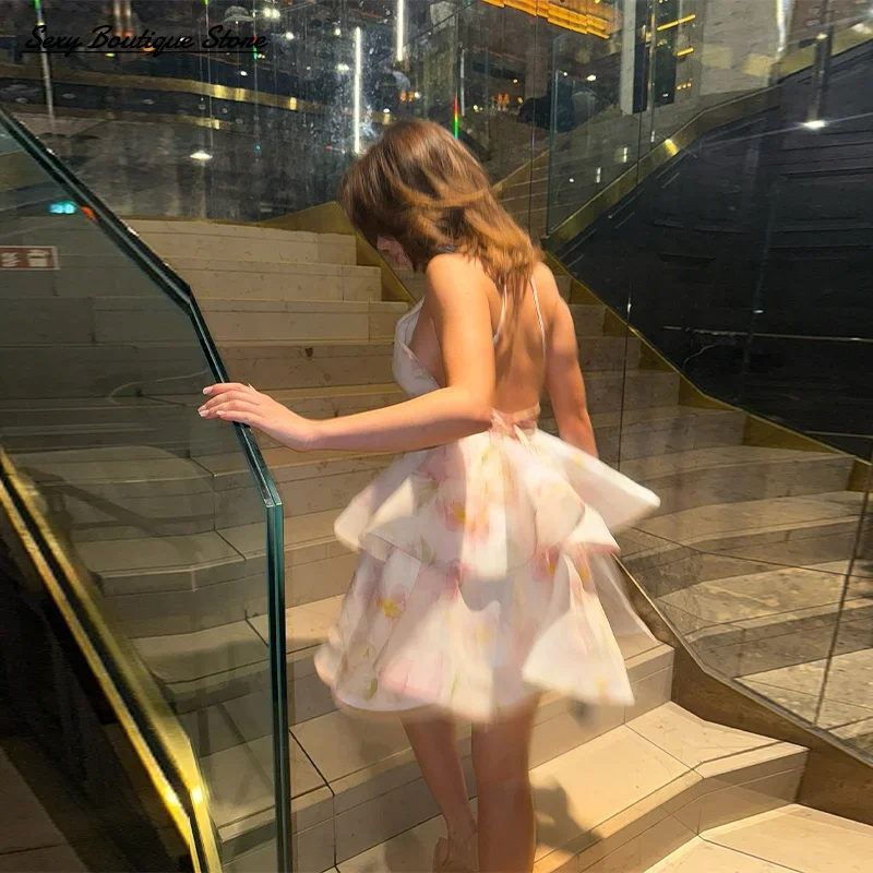 O Neck Floral Printed Short Dress Backless Sleeveless Hem Stacking Dresses  A Line Vestidos 2025 New Lady Party Dresses Gowns