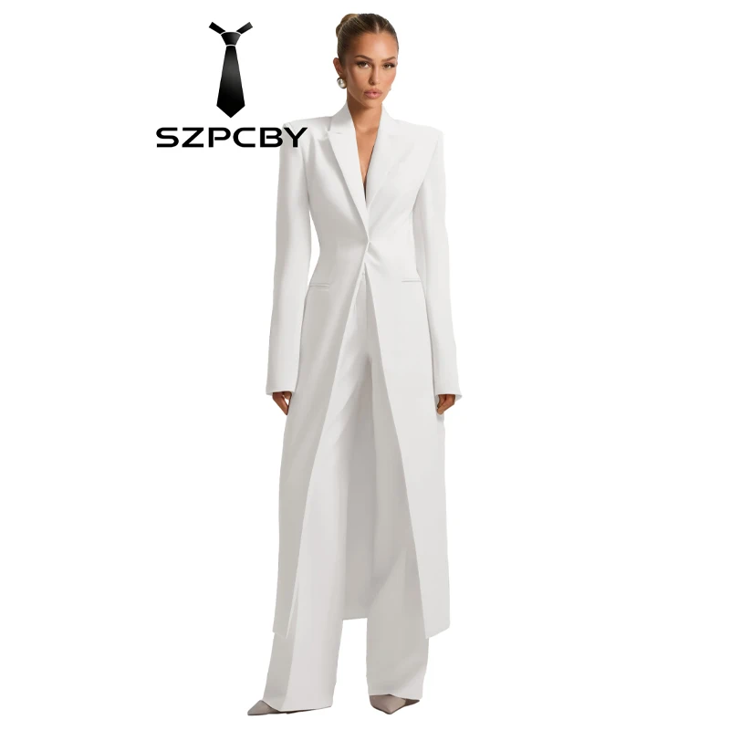 Women's Business Suit 2 Piece Formal Tuxedo Long Blazer Pant Set Elegant Professional Workwear