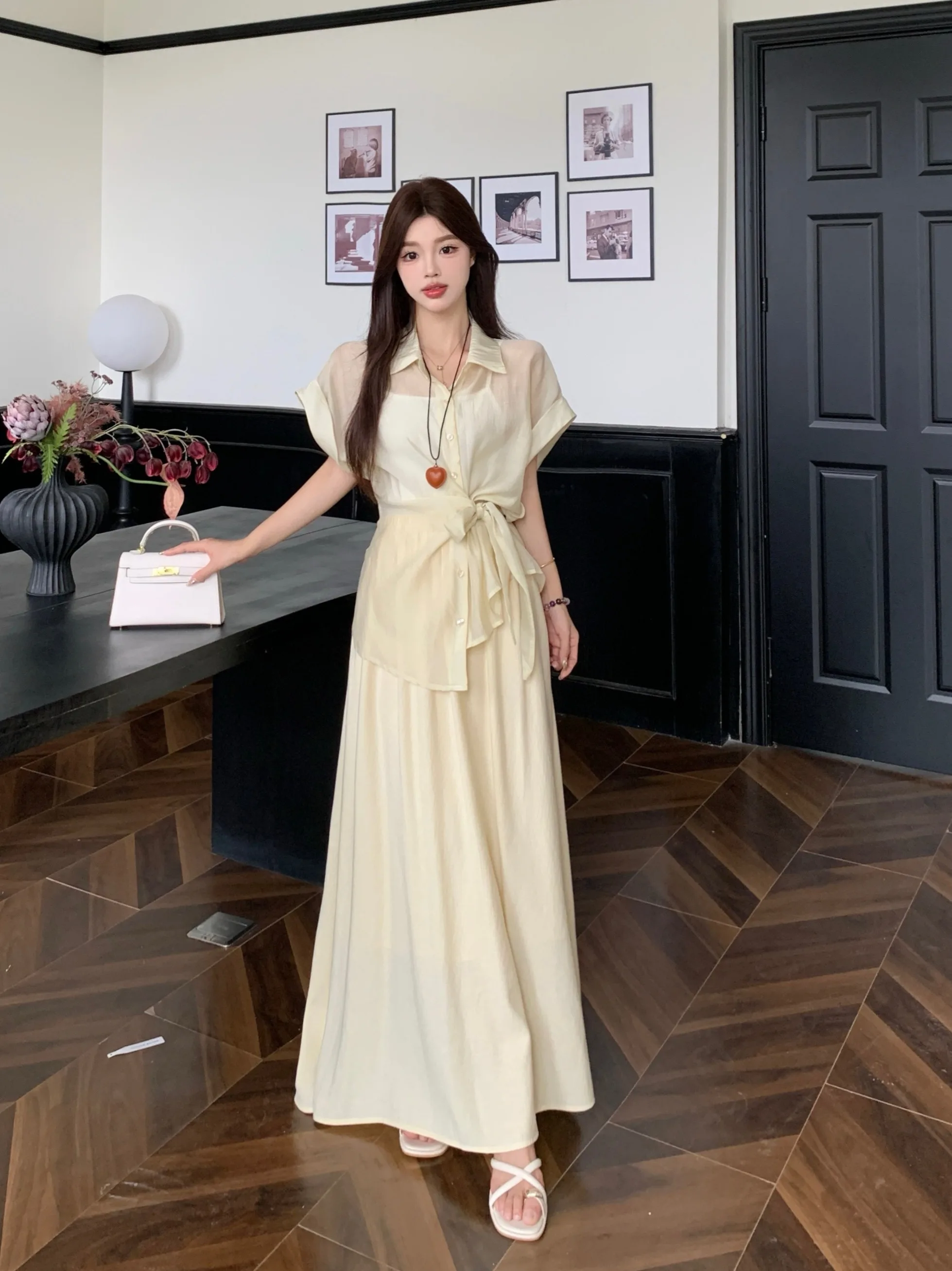 

plus Size Women's Slimming irt And Skirt Set High Waist Tie Belted Summer Thin Faion Korean Sle A-Line Midi Skirt