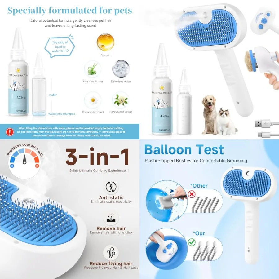 

Pet Steam Brush for Dog and Cat - 3-in-1 Steam Grooming Brush for Shedding and Hair Removal - Self Cleaning Spray Comb with Mis