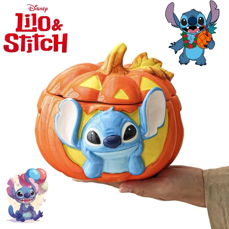 

Disney Stitch Cute Ceramic Soup Bowl Creative Kawaii Home Halloween Pumpkin Shaped Capped Instant Noodles Bowl Gift Wholesale