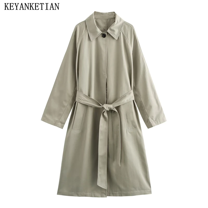 

KEYANKETIAN Winter New Women's Long Trench Coat Leisure style With Belt Double Pockets Single Breasted Loose Outerwear Blazer