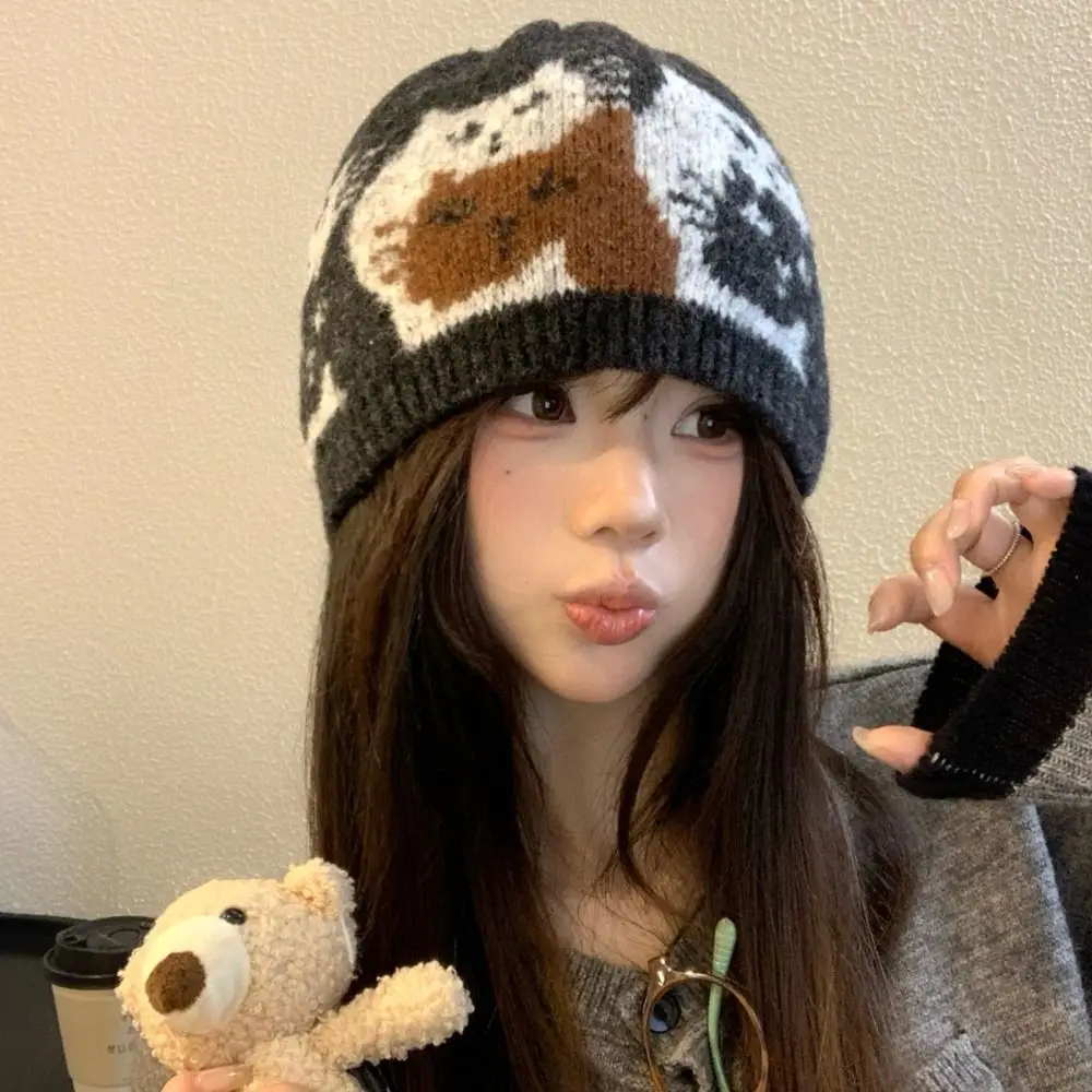 

Warm Jacquard Cat Knitted Hat Printed Fair Isle Style Jacquard Pattern Beanies Korean Wool Printing Knit Cap Apparel Accessories