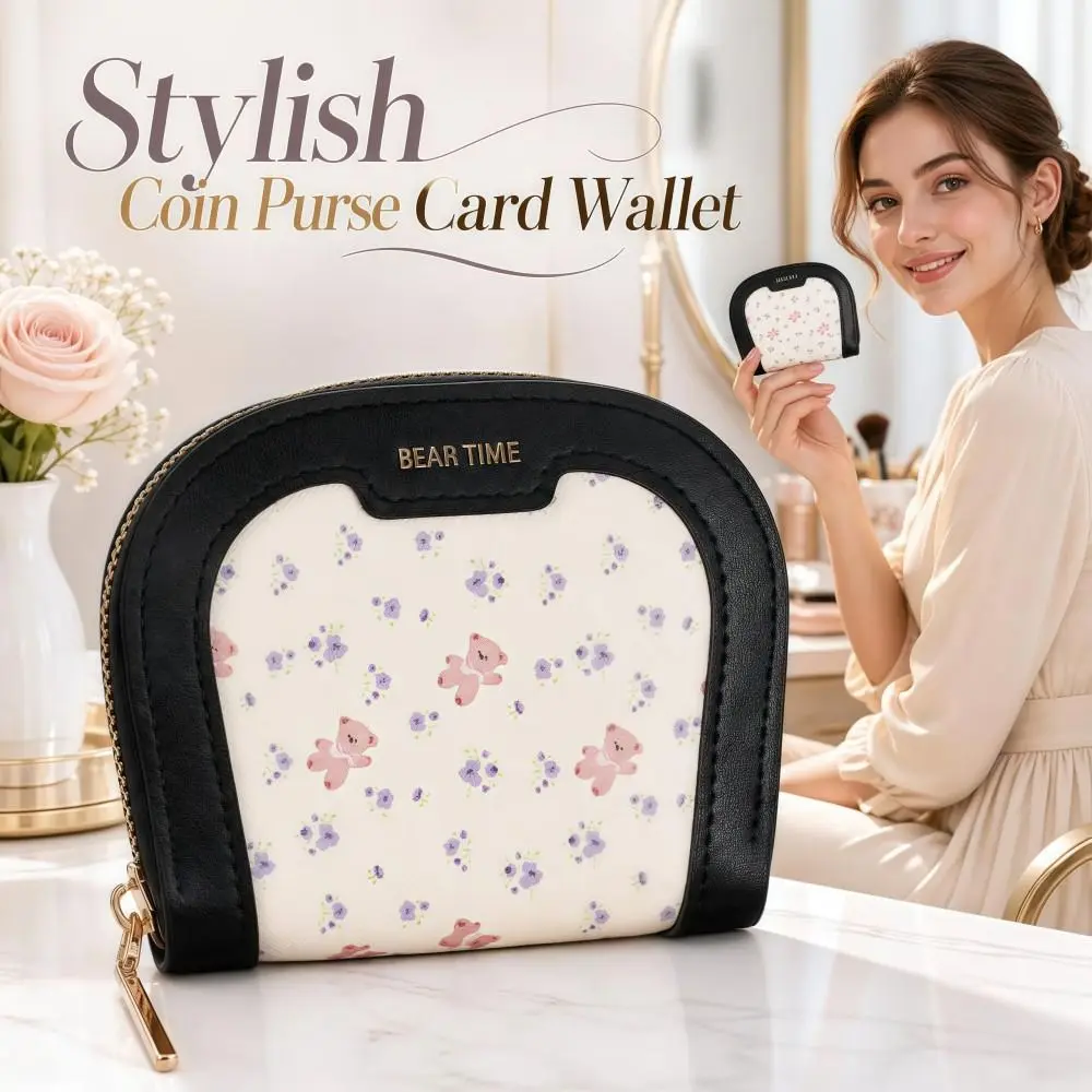 Stylish PU Bear Print Coin Purse Zippered Multi-Slot Small Card Wallet Portable Lightweight Cute Mini Pouch Ladies