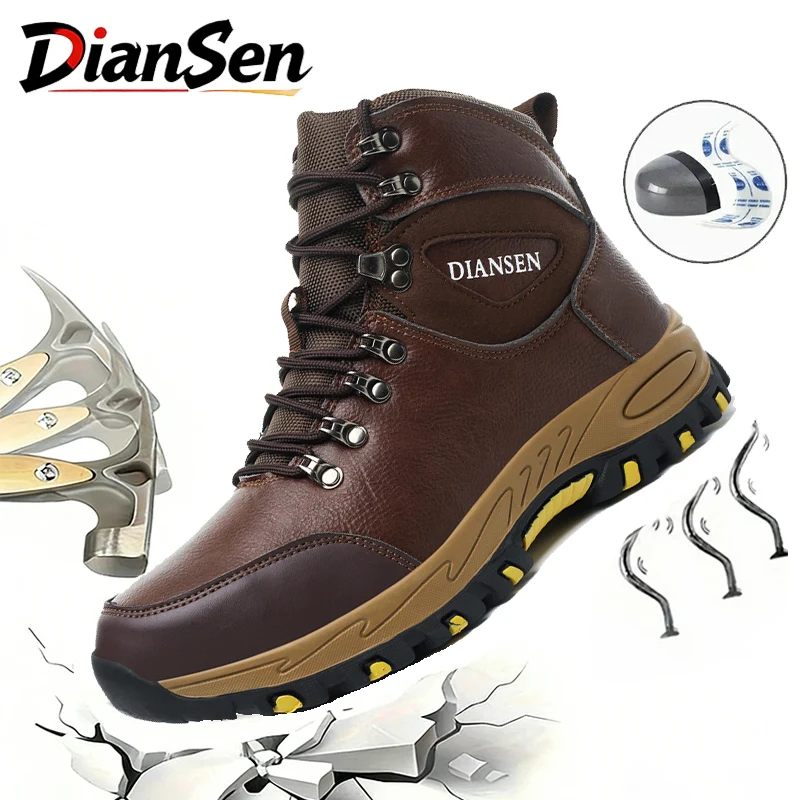 Mens Work Boots Steel Toe Shoes Waterproof Slip Resistant Safety Shoes Anti-Smash Anti-Puncture Protective Wear-Resisting Shoes