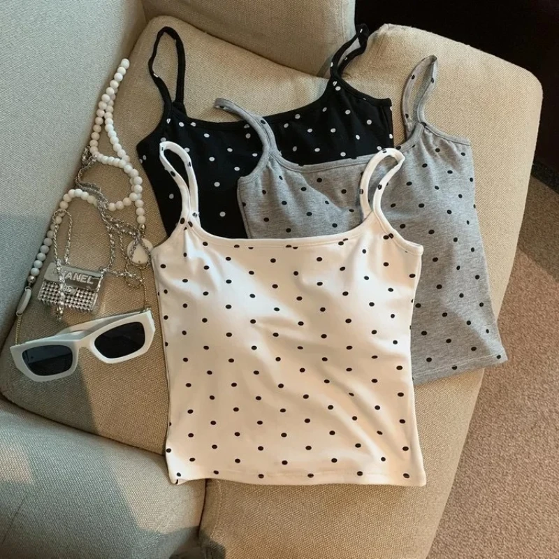 

Sexy Polka Dot Strap Vest Women's Summer Outdoor Wear Inner Match Slimming Short Top with Chest Pad Spicy Girl Backless Tank Top