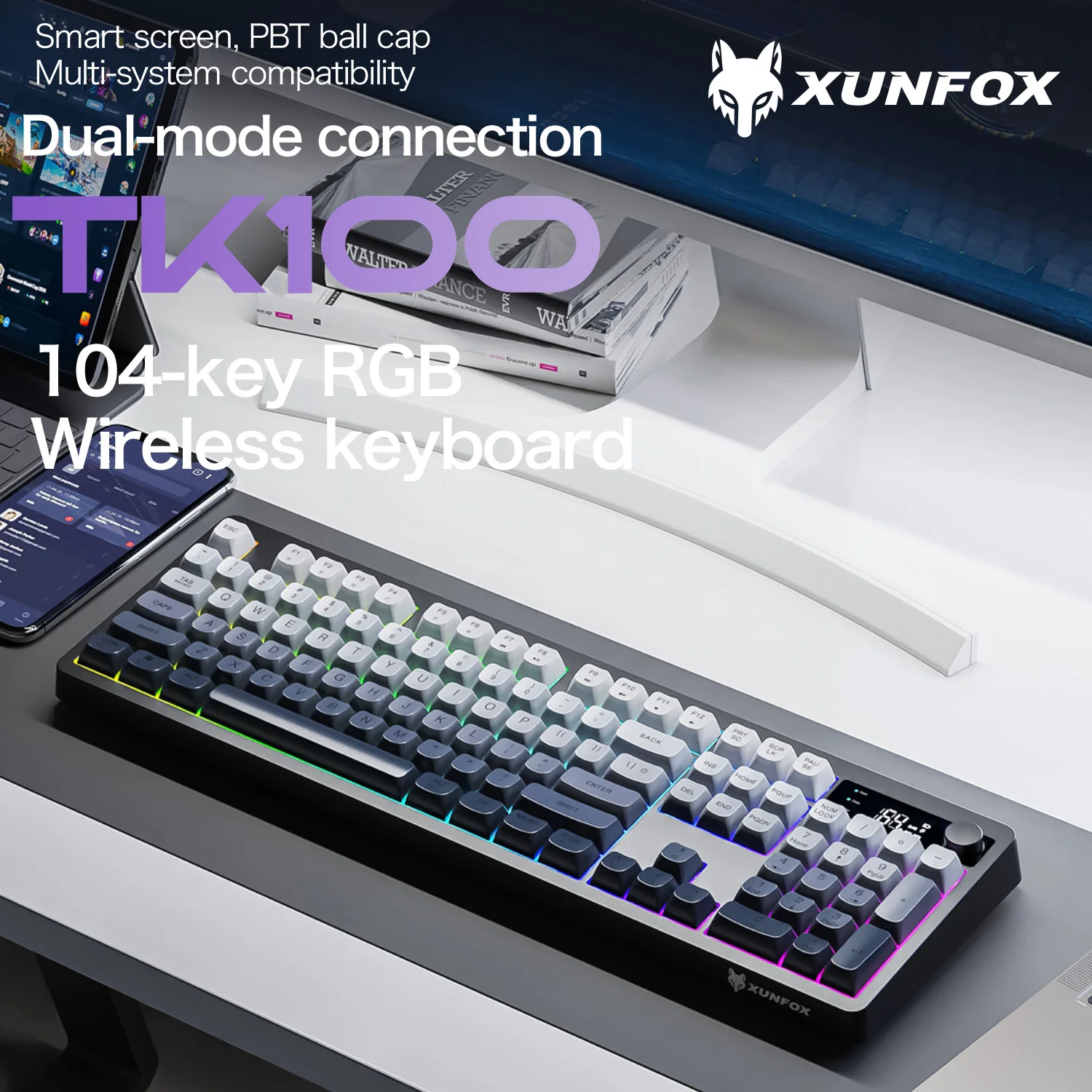 

XUNSVFOX TK100 Wireless Bluetooth Mechanical Feel Silent Gaming Keyboard Dual Mode Laptop Desktop Office Gaming RGB