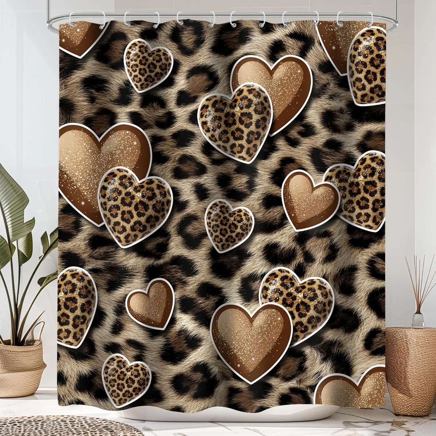 Leopard Print Heart Shower Curtain,  Preppy Groovy Safari Design, Waterproof Polyester Fabric Bath Curtain,  Home Bathroom Decor