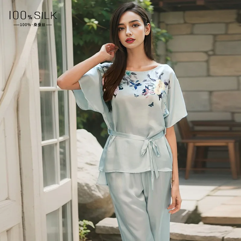 2026 Spring Summer Women's New 100% Mulberry Silk Short Sleeve Pajama Set Cool Two Piece Lounge wear Trousers XXL Size Soft Cozy