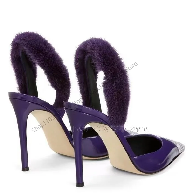 

Crystal Decor Purple Fur Pointed Toe Pumps Slip On Women Shoes Stilettos High Heels Novel Sexy Fashion 2023 Zapatos Para Mujere