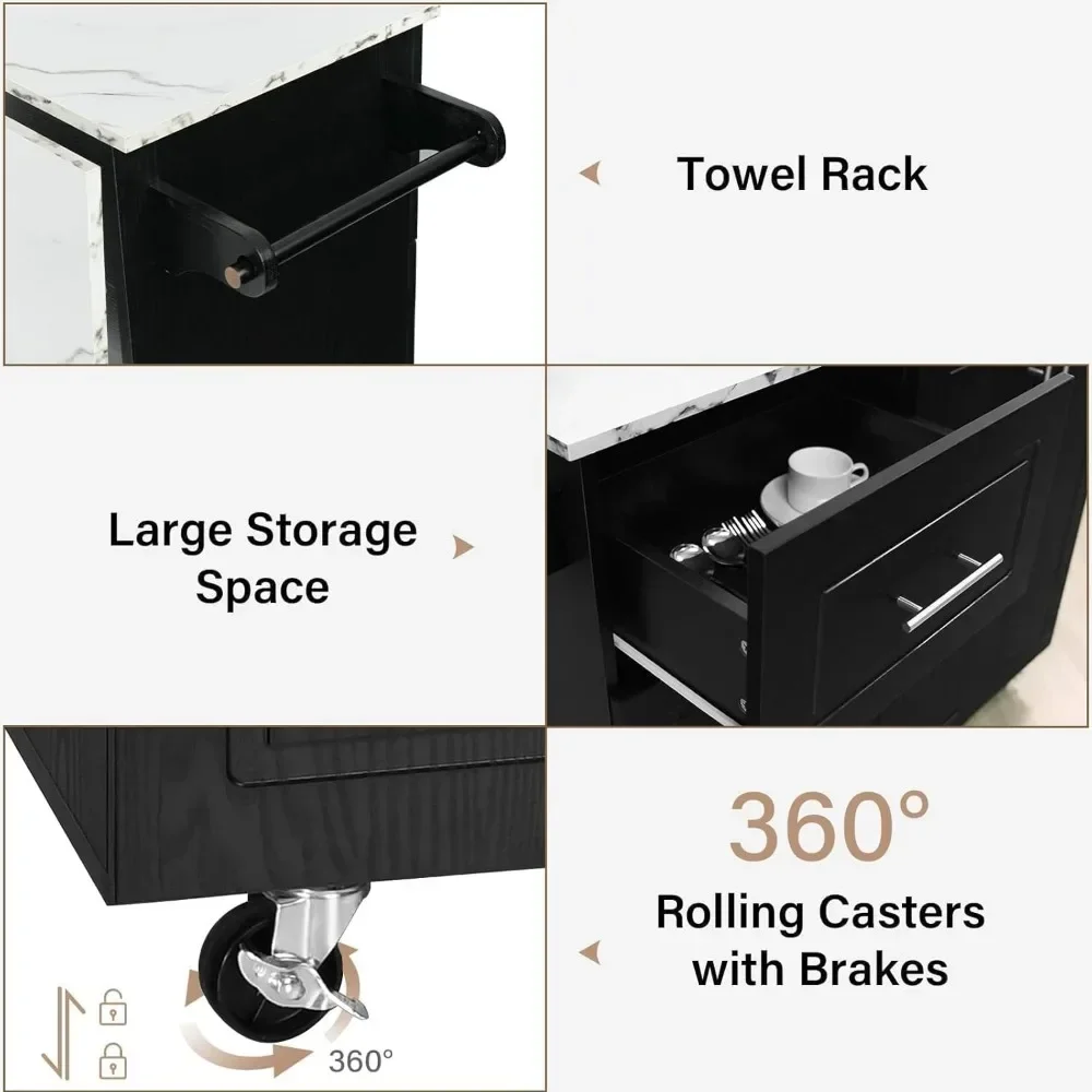 عربة جزيرة المطبخ المتينة مع أوراق متدلية و3 أدراج، جزيرة مطبخ مقاس 43 بوصة على عجلات مع خزانة تخزين، رف توابل