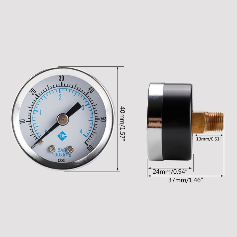 Mini Pressure Gauge 0-60psi 0-4bar Dual Mount 1 Thread Pressure Gauge for Fuel Air Oil Water