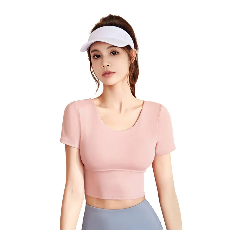 Women's Yoga Top with Built-in Bra Workout Shirt Naked Sensation Fitness Wear Gym Clothes for Yoga Pilates Running