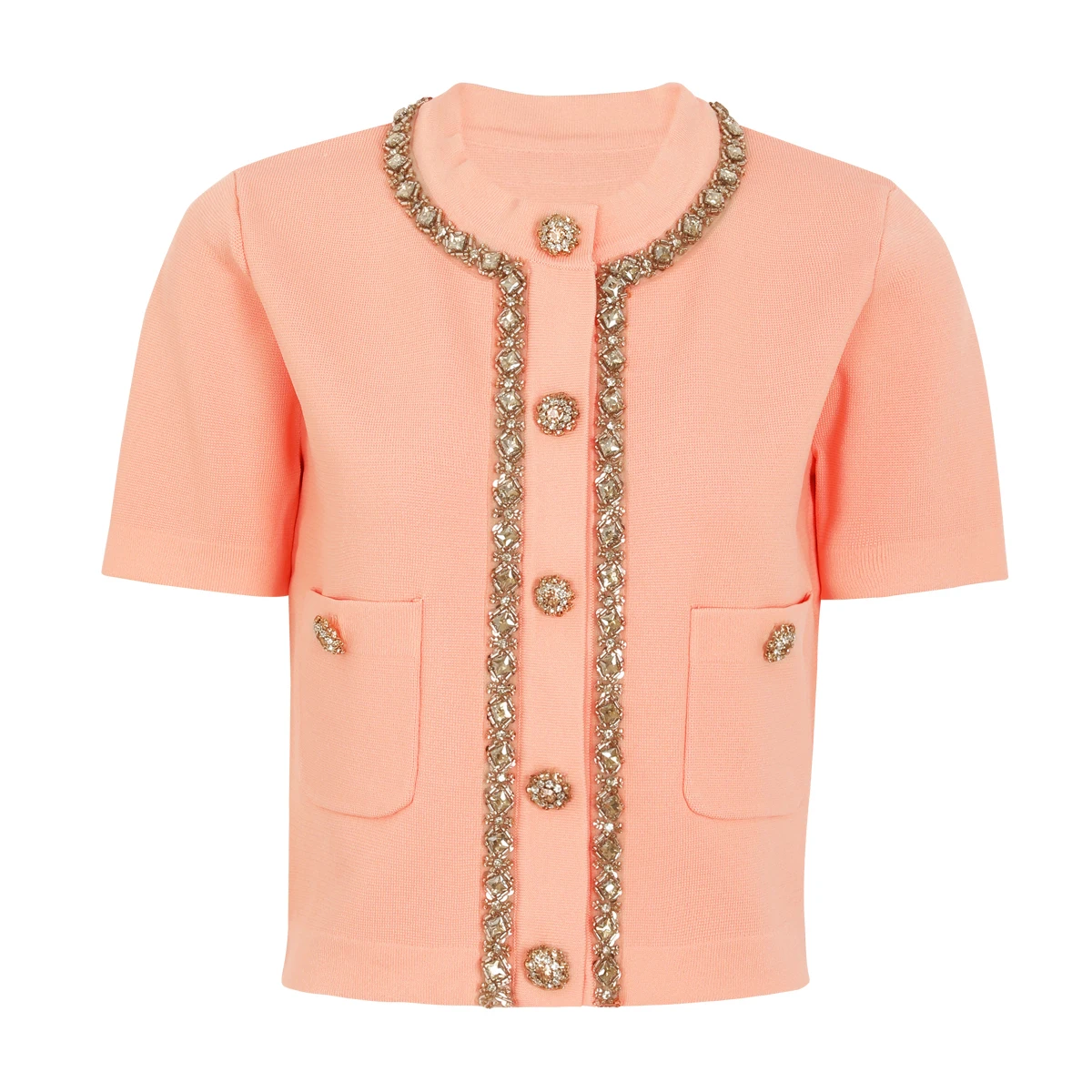 

2687 High-quality New Fashionable Elastic Knitted Luxury Nail Drill Round Neck Short Sleeved Top Women's Cardigan