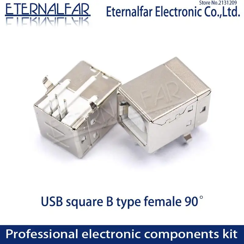 USB 2.0 Square Type B Female 90 Degree D mouth Bent foot Printer Interface Connector Socket Straight Needle Welding Wire PCB DIY