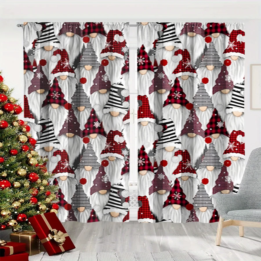 2PCS Christmas Winter Curtains, Plaid Gnome Hat Red Black White Beard Pattern, Digital Print, Bedroom Living Room, Home Decor