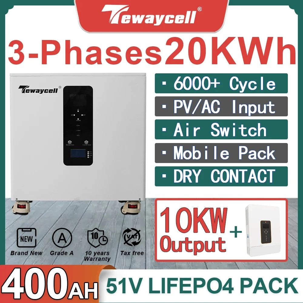 3-phase 48V Powerwall AC380V 20KWh 15KWH ALL in One ESS 51V 400Ah 300Ah LiFePO4 Battery Pack Buitl-in 10KW Inverter WiFi Monitor