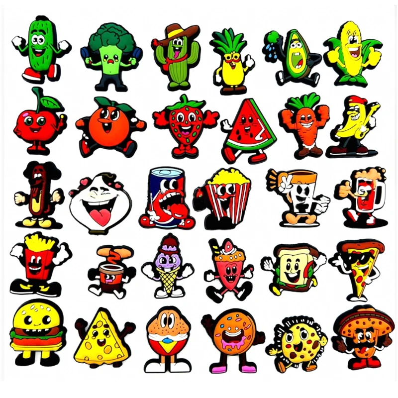 Retro Cartoon Food Shoe Pins Fruit&Fast Food Themed Shoe Clips PVC Shoe Buckles for Clogs Compatible with Backpacks & Wristbands