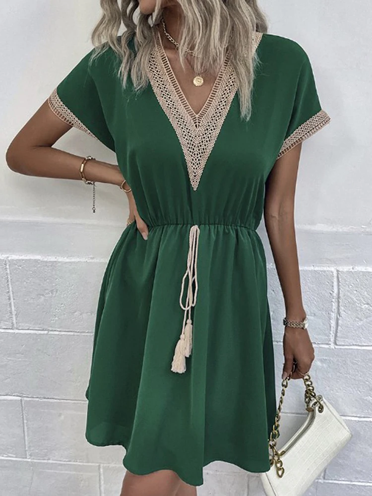 Elegant Office Ladies Dress Casual V-neck Short-sleeve Lace Lace-up Mini Dress For Women 2023 Summer White Beach Dresses