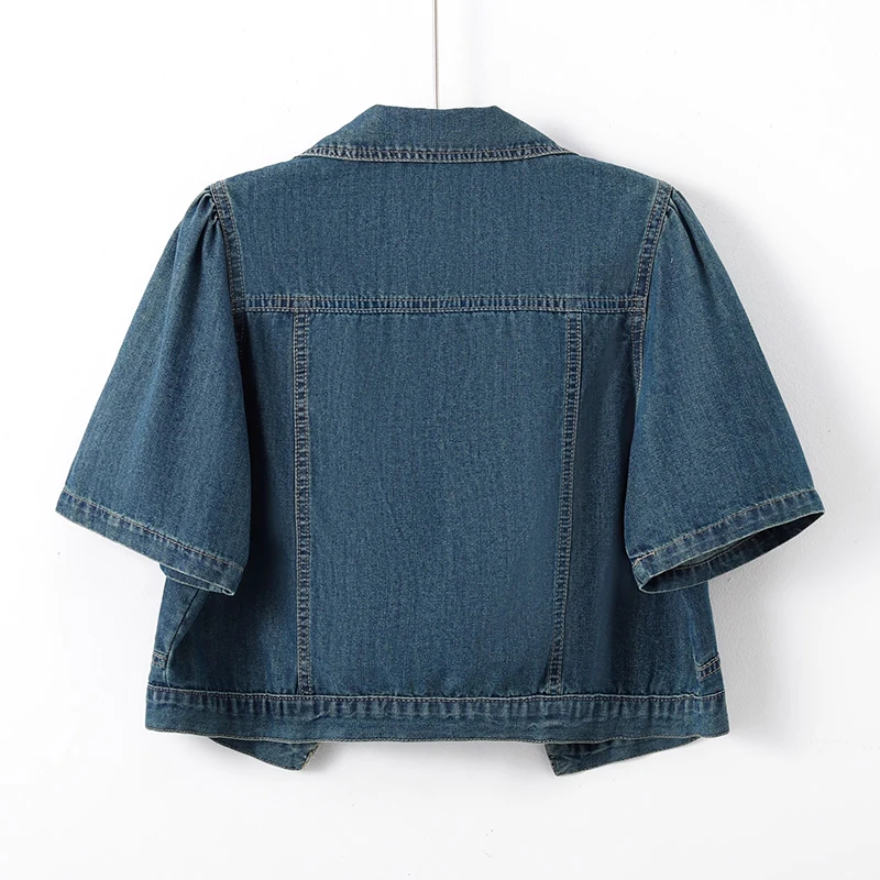 Summer Korean Thin Slim Short Denim Jacket Light Blue Dark Blue Women Cowboy Outerwear Lapel Short Sleeve Jeans Jacket Coat