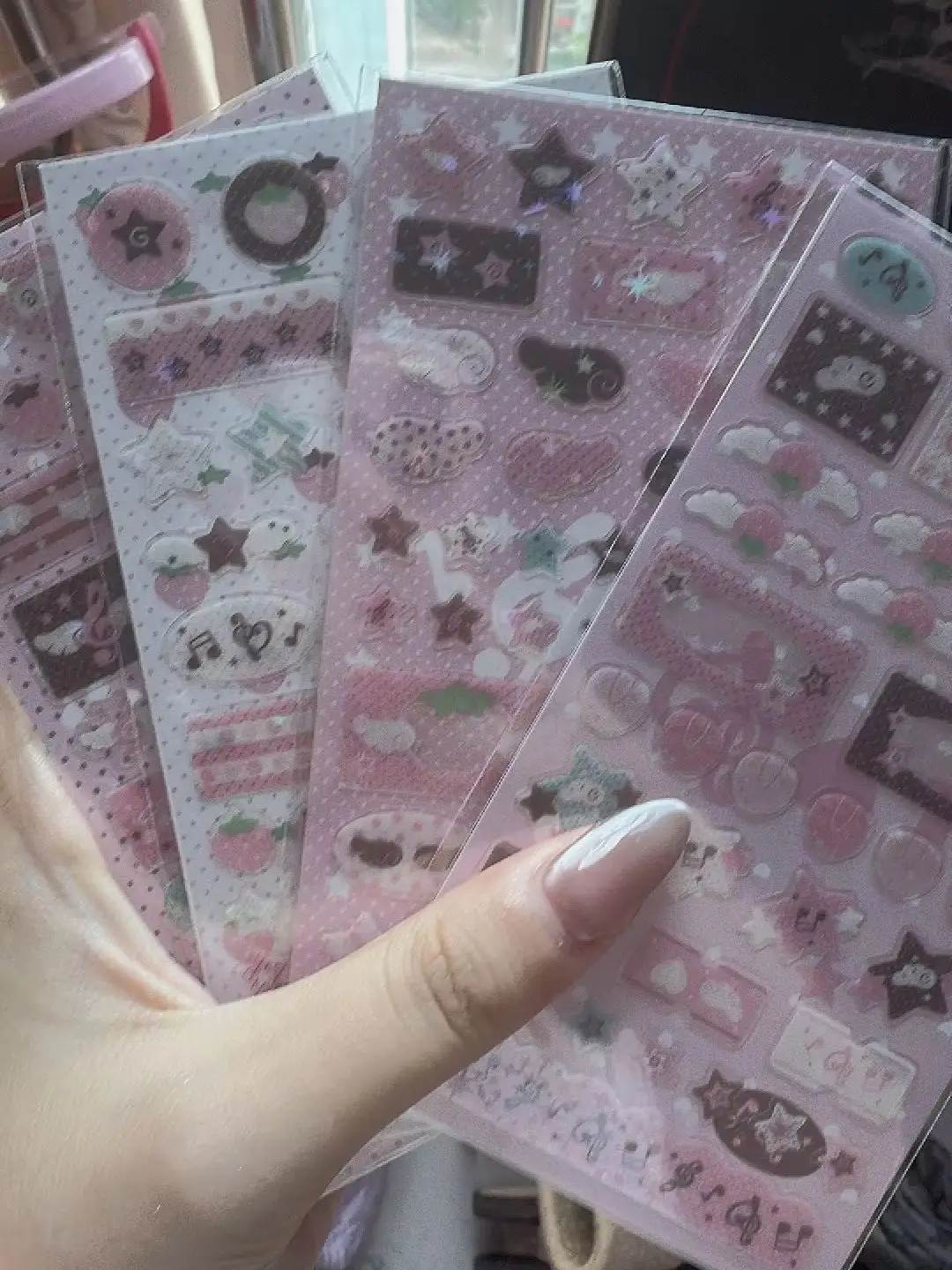 1pc Korean Pink Brown Series Flash Film Stickers Music Note Strawberry Star DIY Gu Card Phone Case Decor