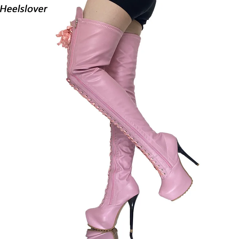 

Ahhlsion Italian Style Women Spring Thigh Boots Sexy Stiletto Heels Round Toe Beautiful Pink Party Shoes Ladies US Size 5-20