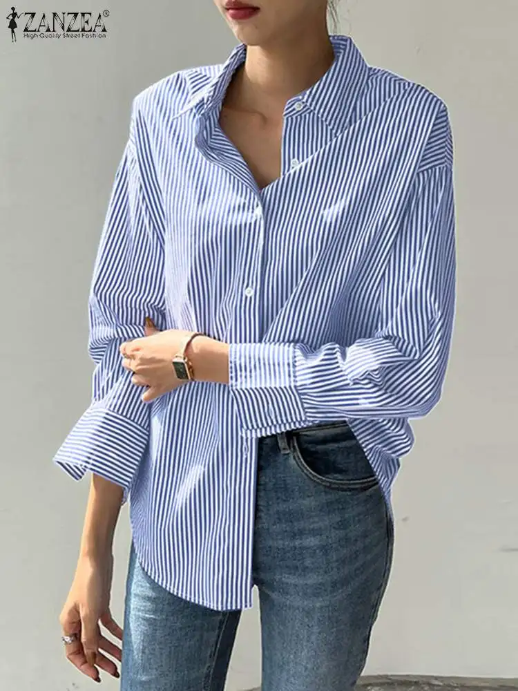 ZANZEA Women Striped Loose Blouse 2023 Office Turn-down Collar Long Sleeve Vintage Top Button-up Shirt Oversized Blusa Femininas