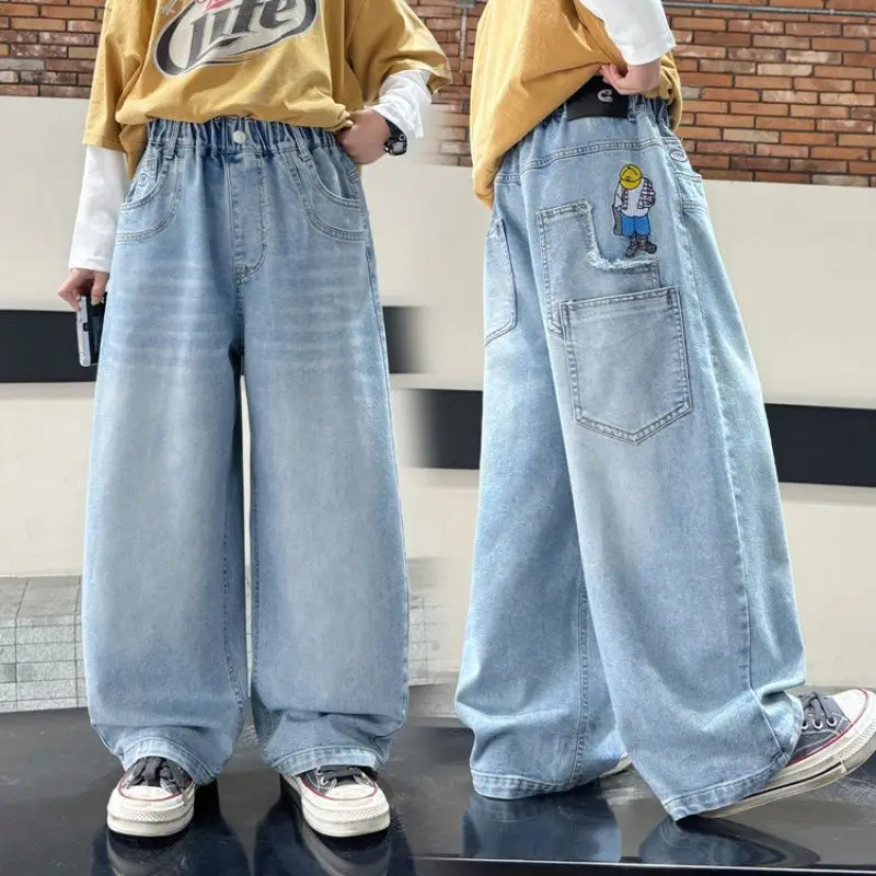 New Spring Summer Children Loose Straight Classic Jeans For Tween Boy Fashion Denim Pants Kids Trousers with Embroidery Pockets