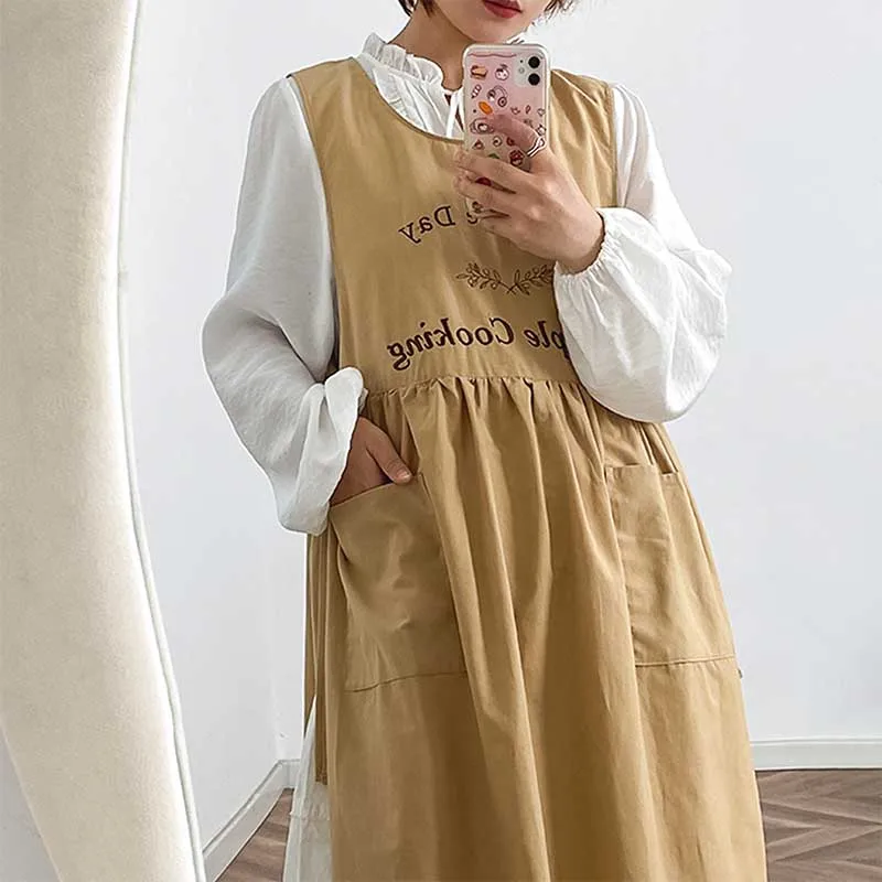 Stain-Resistant Embroidered Waterproof Cotton Vest Apron With Pockets Sleeveless Kitchen Pleated Smock For Cooking Gardening