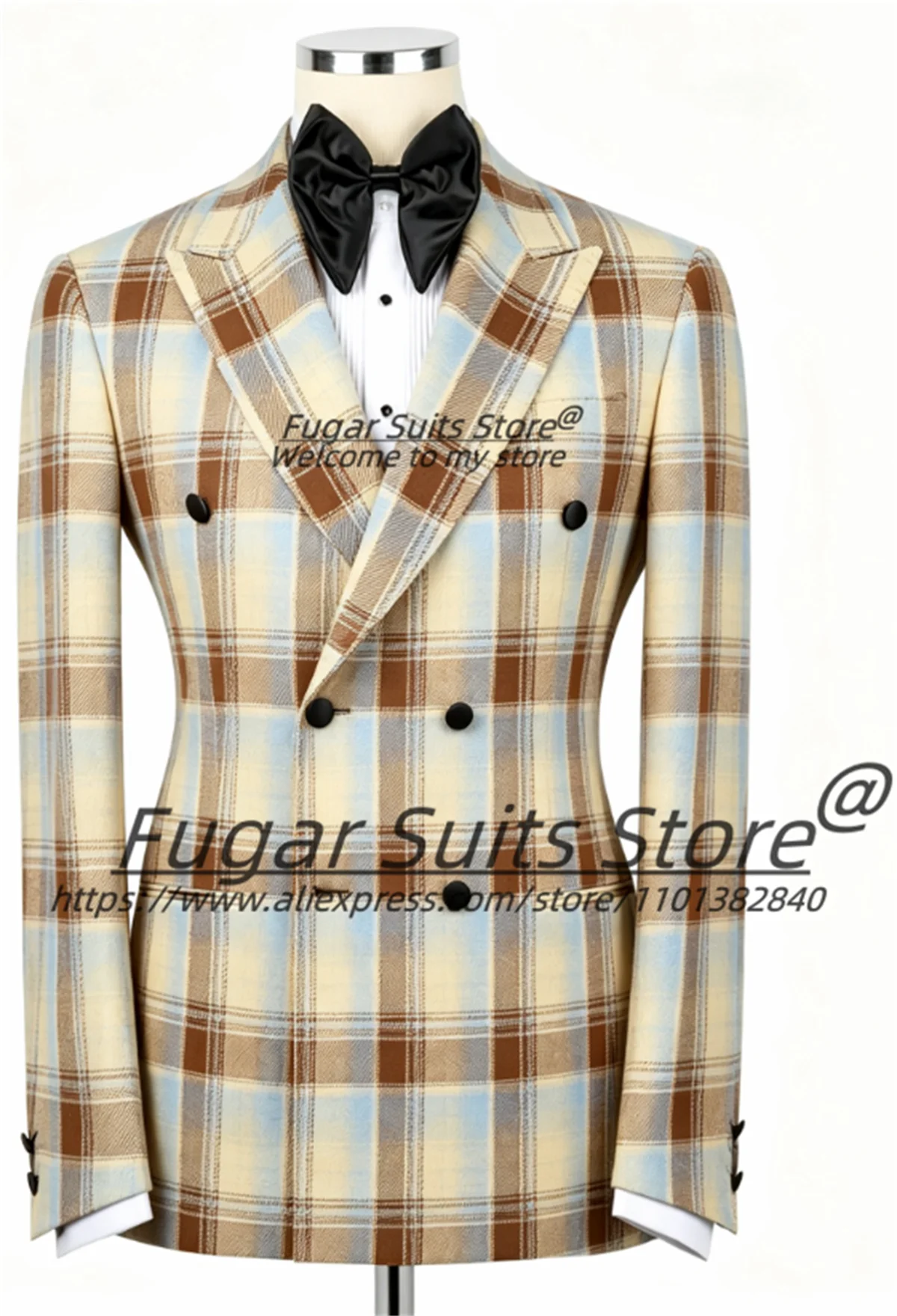 Elegant Double Breasted Men Suits Cream Light Blue Brown Plaid Groom Wedding Tuxedos 2 Pcs Sets Male Prom Blazers Costume Homme