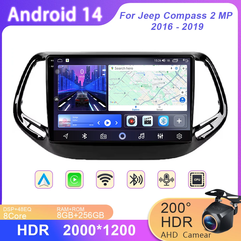 

Автомобильный Android 14 для Jeep Compass 2 MP 2016 2017 2018 2019, мультимедийная навигация, GPS, авторадиоплеер, автомобильная стереосистема Carplay Radio