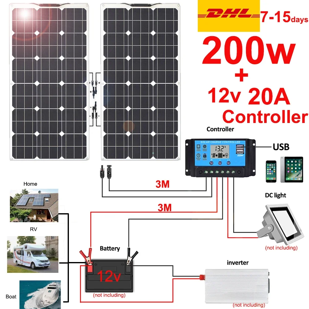 

200w Solar Panel Kit Flexible 12v Battery Charger Controller 20A Photovoltaic Panel for Home Balcony Car RV Yacht Waterproof