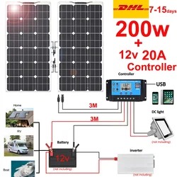 200w Solar Panel Kit Flexible 12v Battery Charger Controller 20A Photovoltaic Panel for Home Balcony Car RV Yacht Waterproof