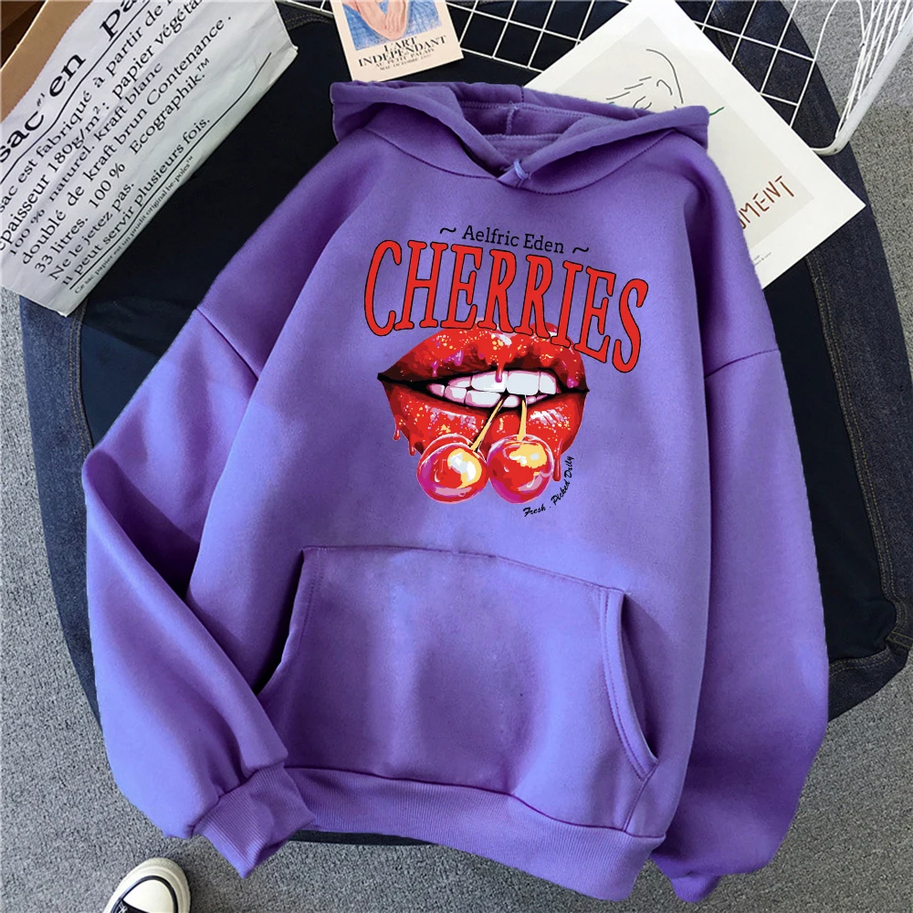 Cherries On The Lips Print Hoodies Women Hip Hop Oversize Unisex Clothing Casual Fleece Hoody Autumn Fashion Pullover Woman