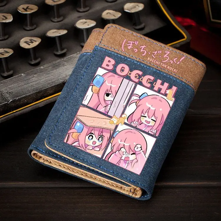 Bocchi The Rock Canvas Short Trifold Wallet, Anime Fan‑Art Card Holder Purse, Snap Button Coin Cash Storage for Teen Fans Gift