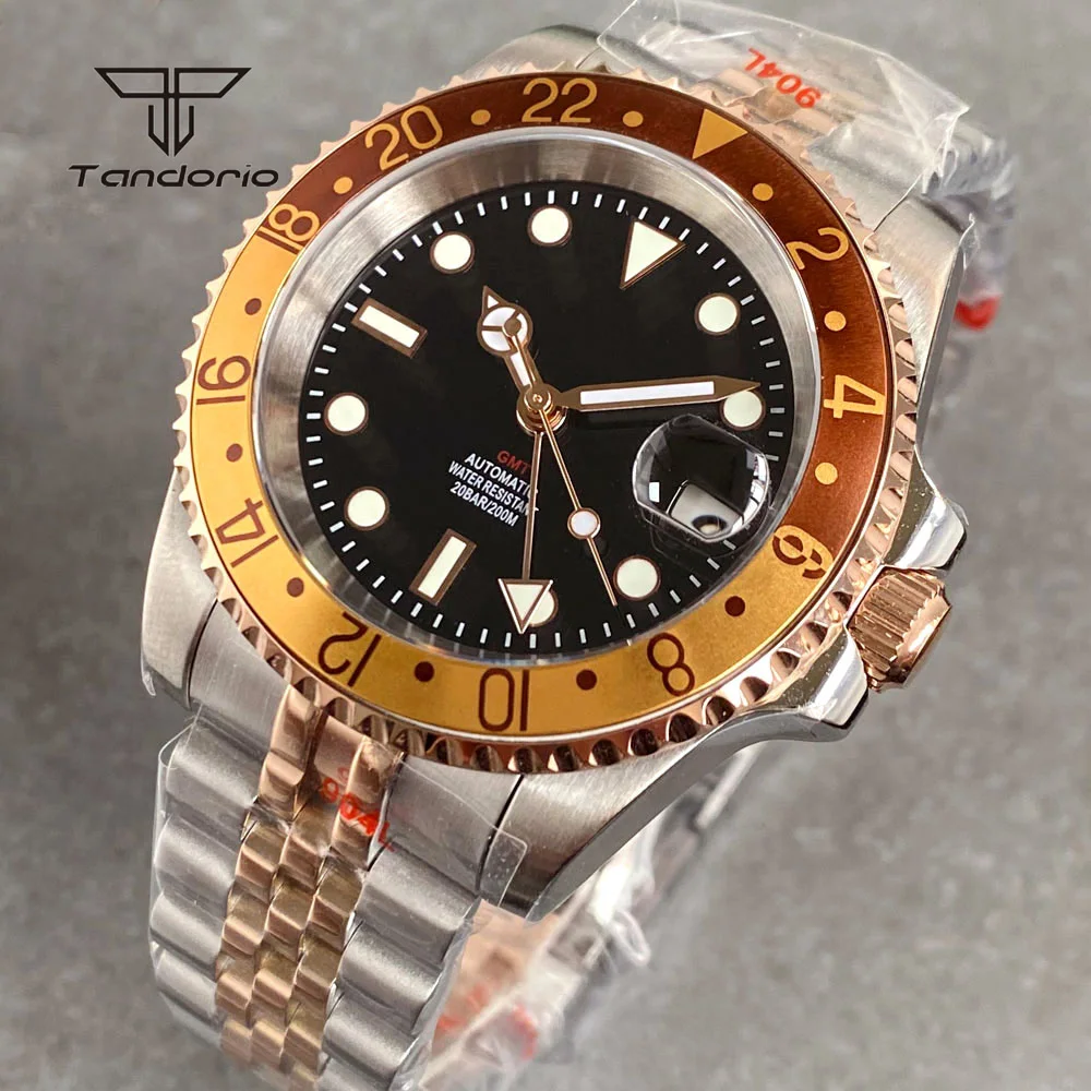 Tandorio NH34 GMT Fashion Men Automatic Steel Watch Dive Two Tone Mechanical Wristwatch Sapphire Crystal Date Rose Gold Luminous