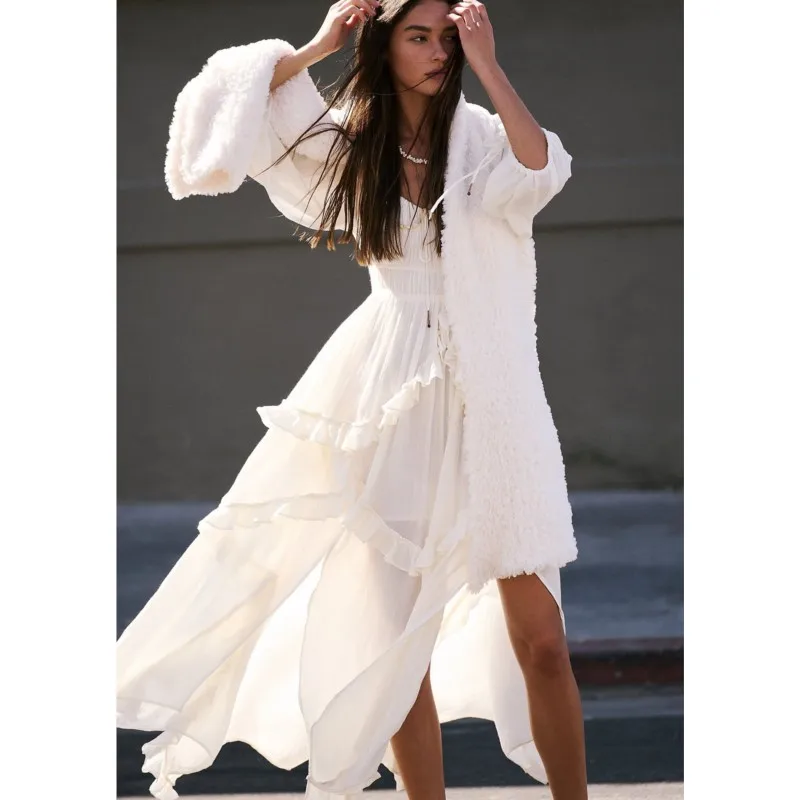 Vestido playero bohemio Vintage de verano, Vestidos largos de manga larga y cintura alta, estilo bohemio, vestido veraniego con volantes de encaje de Color sólido para Mujer