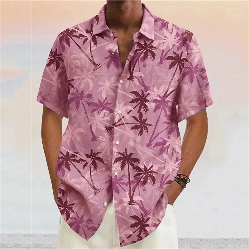 Coconut tree pattern down yellow pink wine navy blue outdoor street short sleeved men's printed clothing fashionable and casual