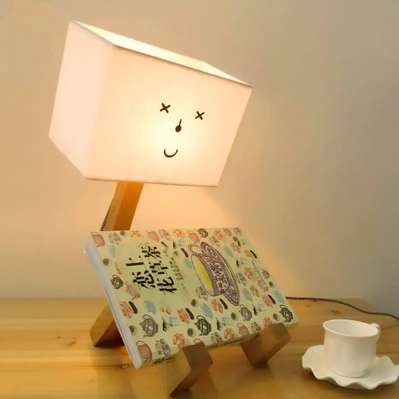 Robot Shape Wooden Table Lamp E14 Lamp Holder 110-240V Modern Cloth Art Wood Desk Table Lamp Parlor Indoor Study Night Light