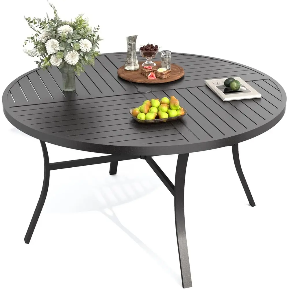 

6-Seater Outdoor Dining Table, 54 Wrought Iron with Umbrella Hole, Weather-Resistant for Patio, Deck, Yard - Black