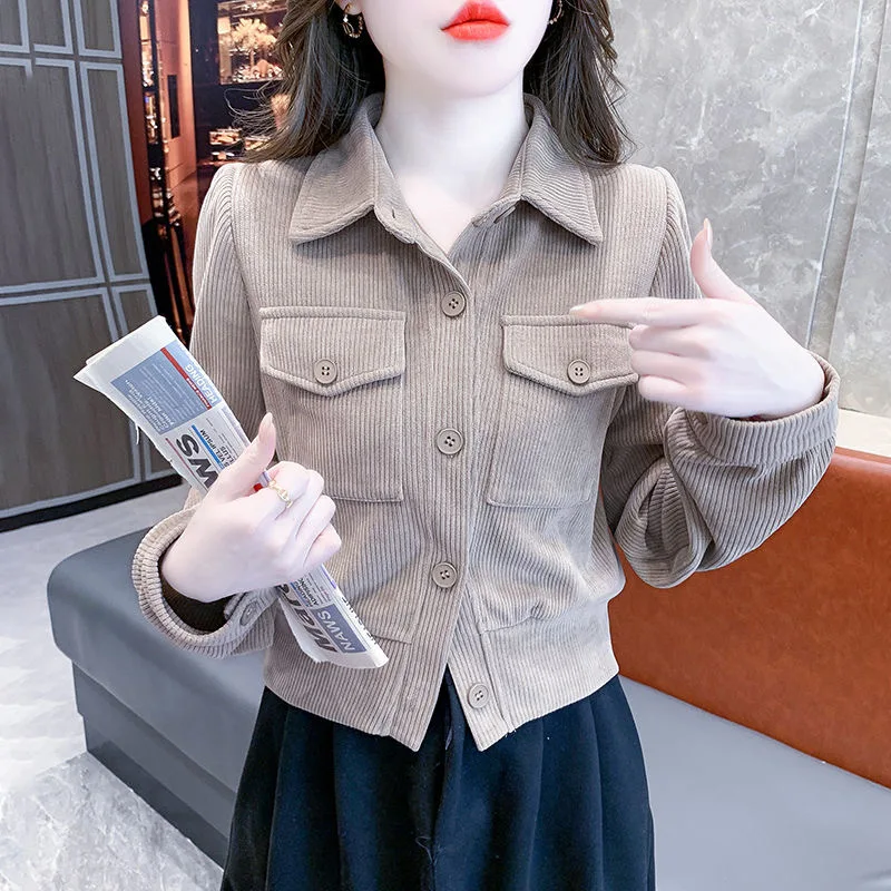 

Women's Short Corduroy Shirt Jacket Long Sleeve Autumn Top Slimming Cardigan Style Commute Thickened Polyester Fiber Collar