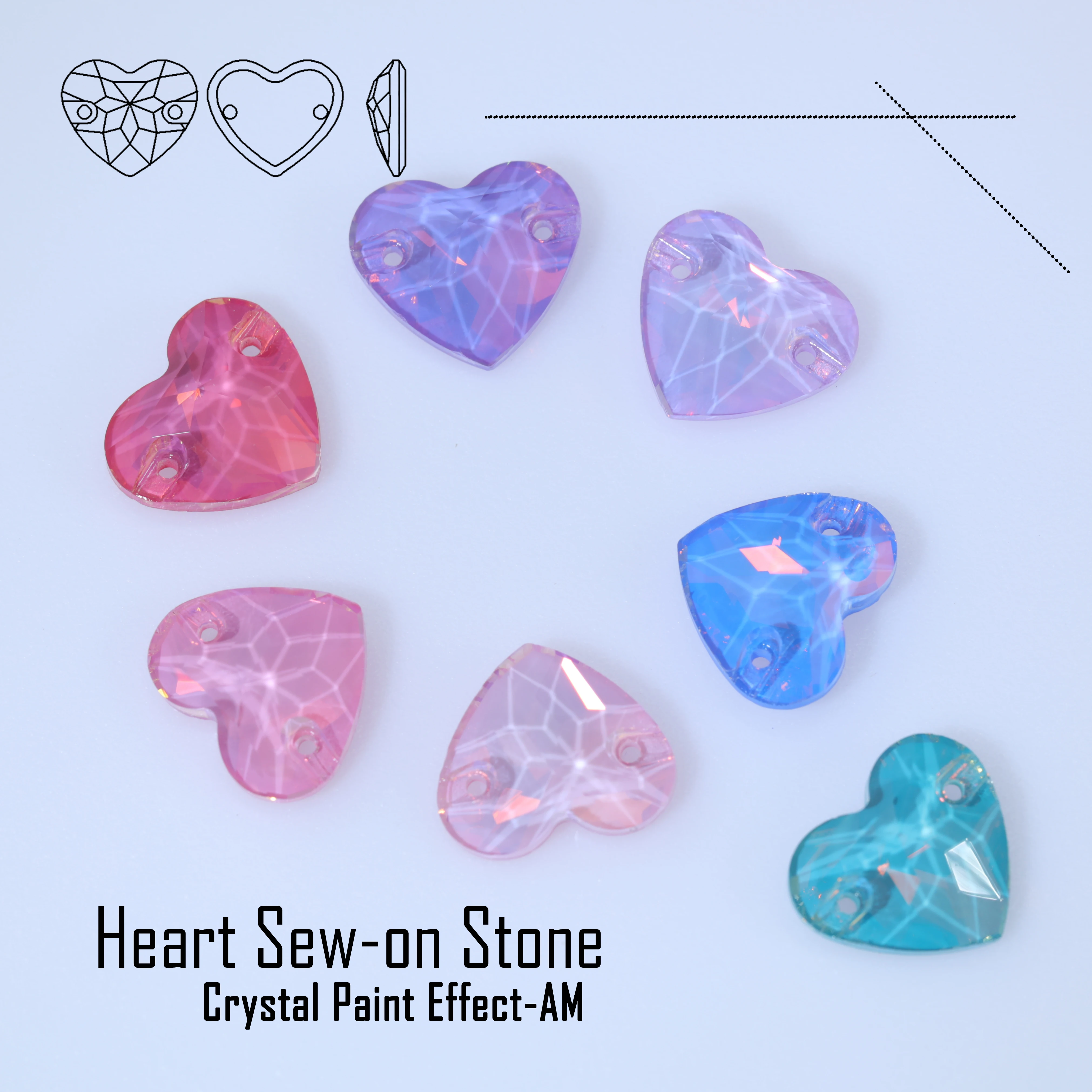 Piedras de cristal para coser con efecto pintado AM Light Azore Phantom AM Glass, con forma de corazón de diamantes de imitación, para ropa, con base plana y brillantes.