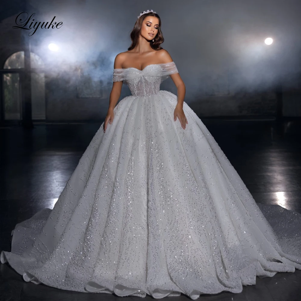 

Liyuke Luxury Stunning Beading Pearls Lace Ball Gown Wedding Dresses Sweetheart Off The Shoulder Princess Bridal Skirts