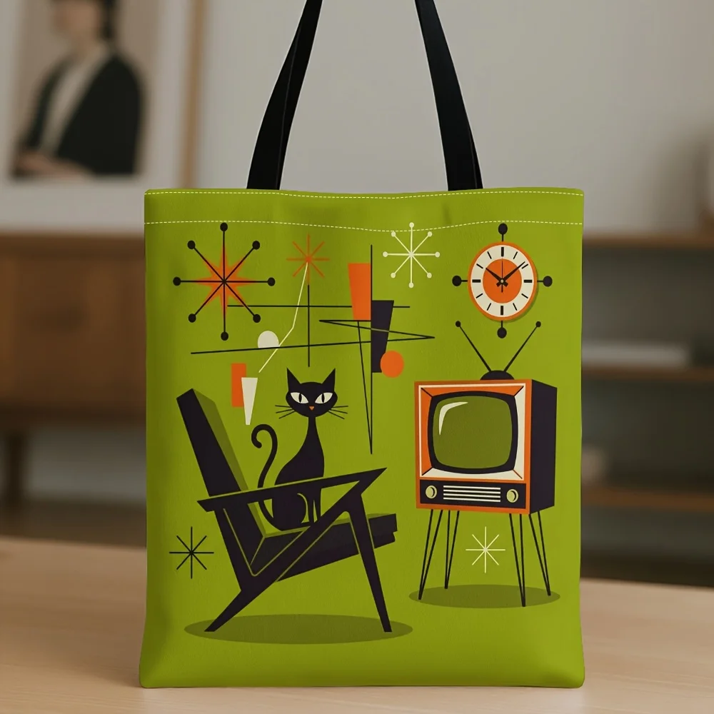 1pc Women' Mid-Century Modern Tote Bag Reusable Nylon Handbag with Shoulder Straps Multifunctional for Shopping Holiday Gift