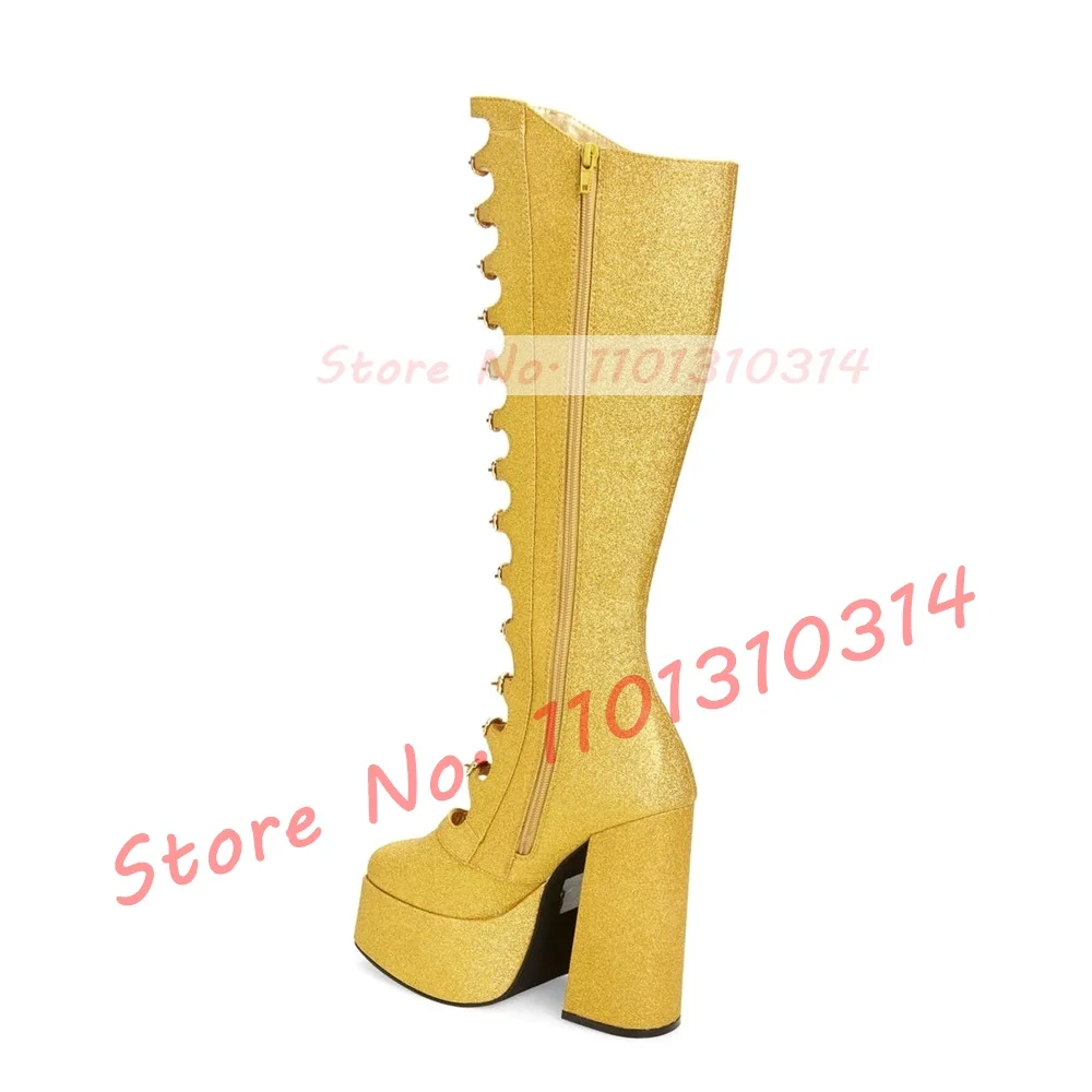 Punk Gold Glitter Strappy Platform Boots donna Sparkly Round Toe Belt Buckle stivali alti al ginocchio donna Party Side-zip Cutout Shoes