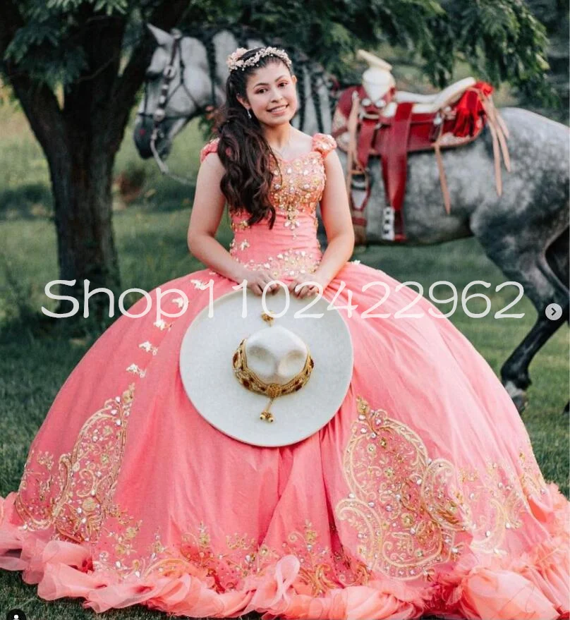 Watermelon Mexican Charro Quinceanera Dresses Off Shoulder Beaded Embroidery Puffy Corset Prom vestidi de 15 años prinncesa